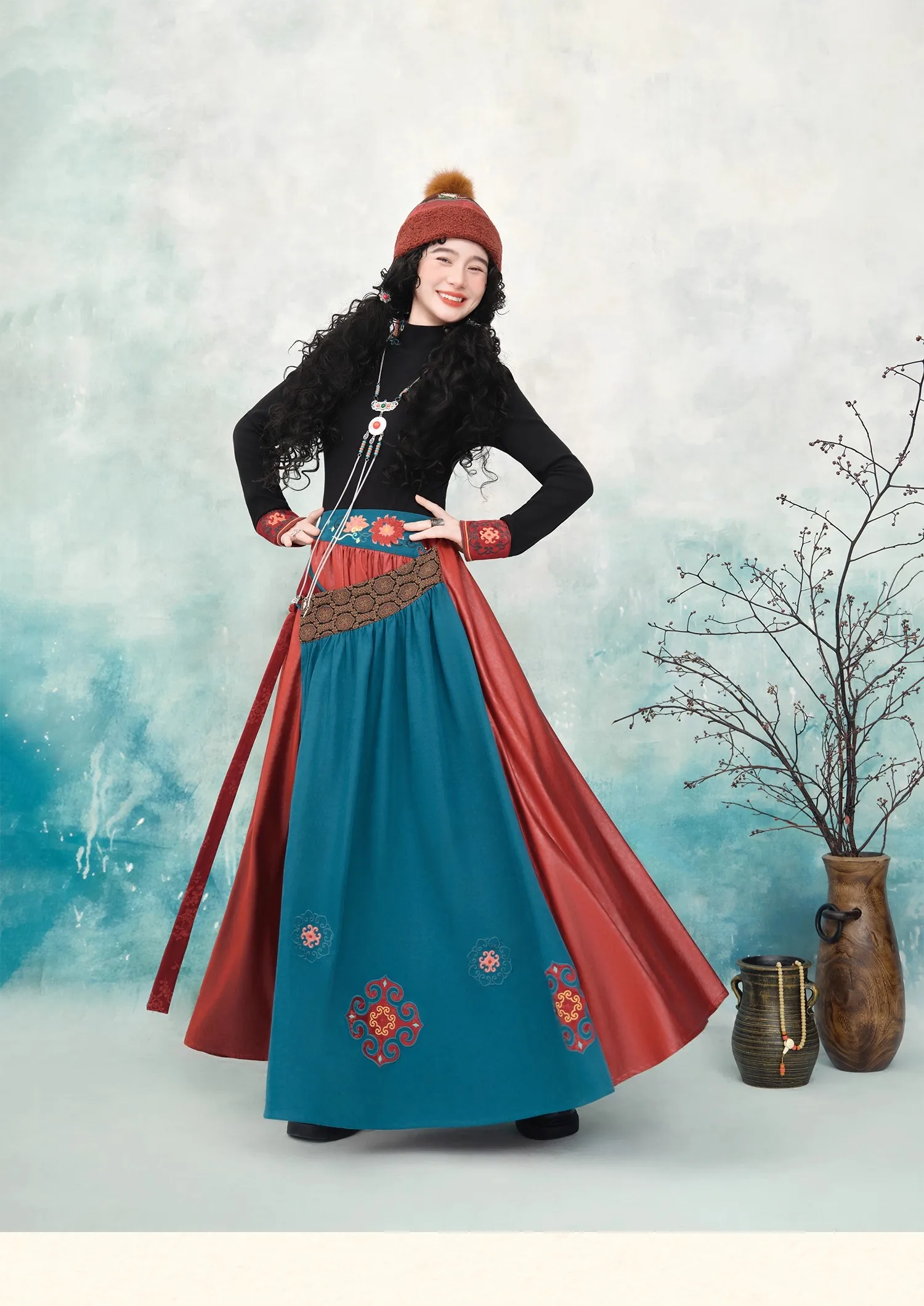 TIYIHAILEY Long Maxi Elastic Waist A-line Women Satin Spring Autumn Big Hem Skirts Ladies Embroidery Chinese Style Patchwork
