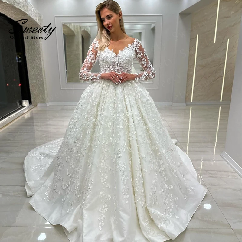 Luxury Wedding Dress Embroidered Lace With Beading Ball Gown Full Sleeve O-Neck Bride Dress Lace Up Vestido De Novia Customized