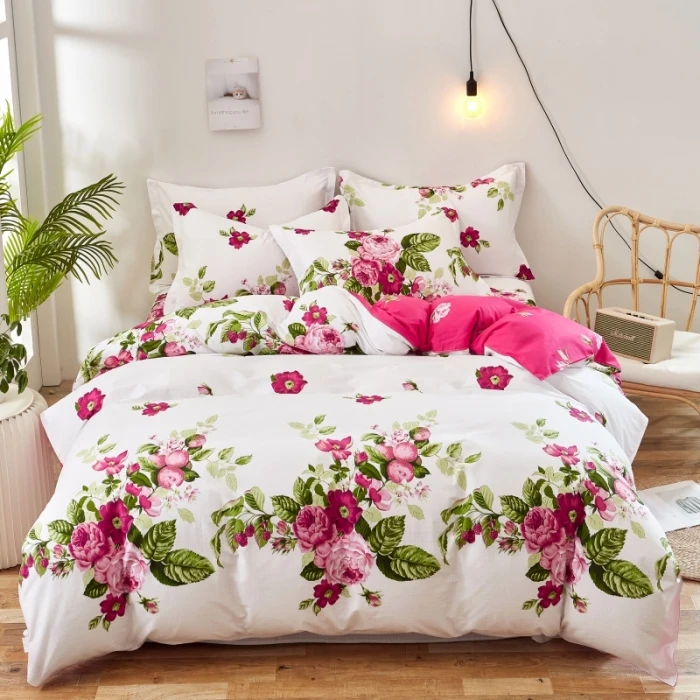 Romantic Floral Bedding Set 3 Piece 100%Cotton Pink Rose Print Duvet Cover Garden Style Comforter Covers for Women Girls Bedroom