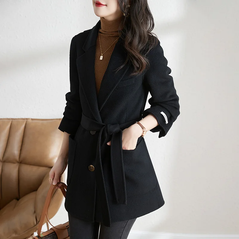 

Autumn Winter Korean Women Woolen Thick Warm Single Breasted Jacket Solid Color Elegant Wool Coat Female Woman Office Lady
