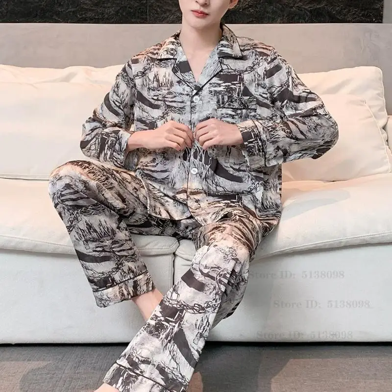 Men's Plus Size Pajamas Set Leopard Print Long Sleeved Sleepwear Trouser Pyjamas Suit Satin Night Wear Loungewear Home Clothes
