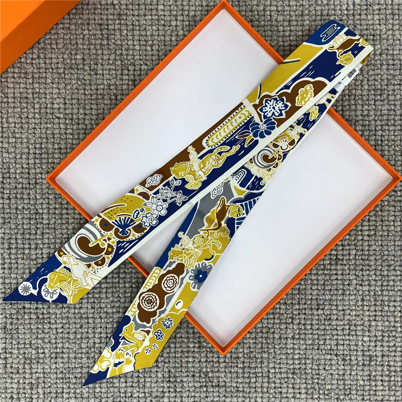 

POBING Spain Print 18m/m Twill Silk Scarves Women Luxury Brand Scarf Bag Ribbons Tie Head Scarf Small Long Skinny Scarf 86*5CM