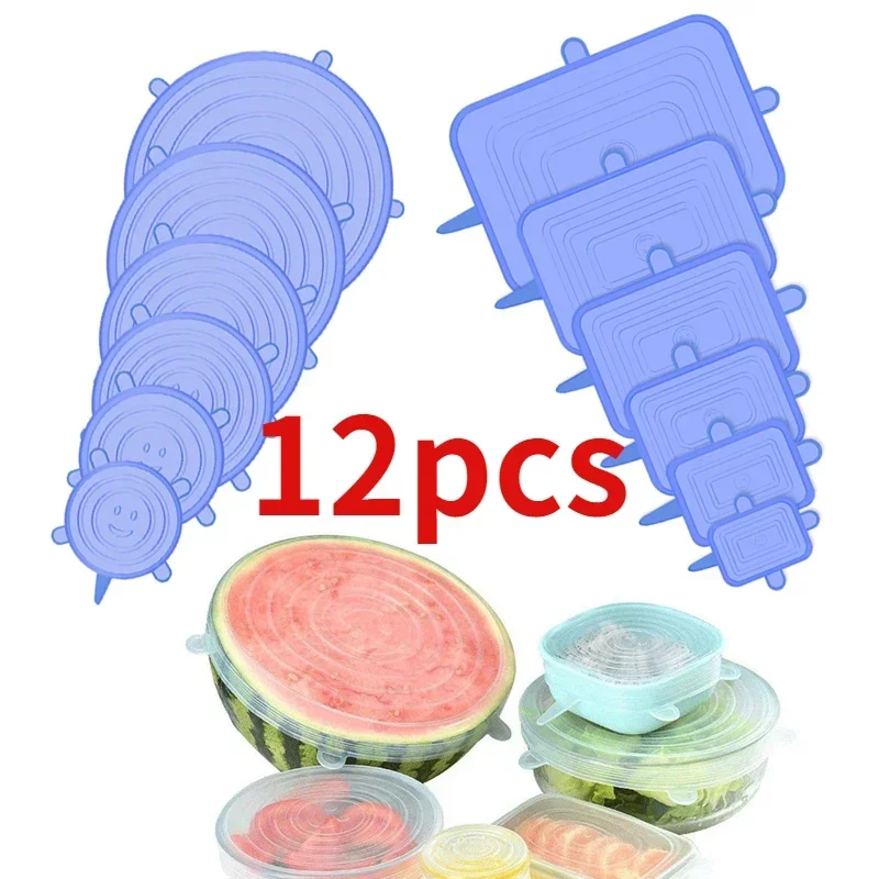 12 PCS Adaptable Silicone Lids Round Square Covers Silicone Caps Food Universal Dish Stretch Lids for Cans Kitchen Accessories