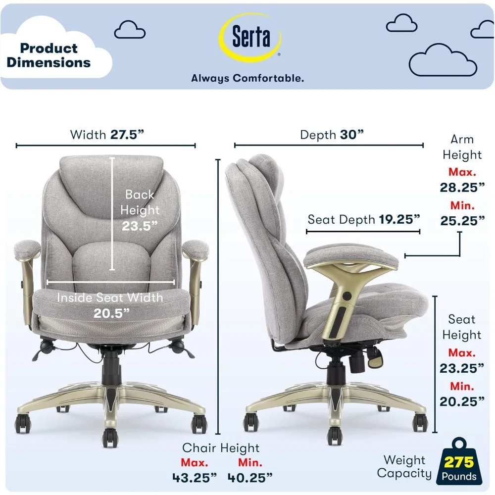 Ergonomic Adjustable Mid-Back Office Chair with Lumbar Support in Light Gray Fabric by Serta