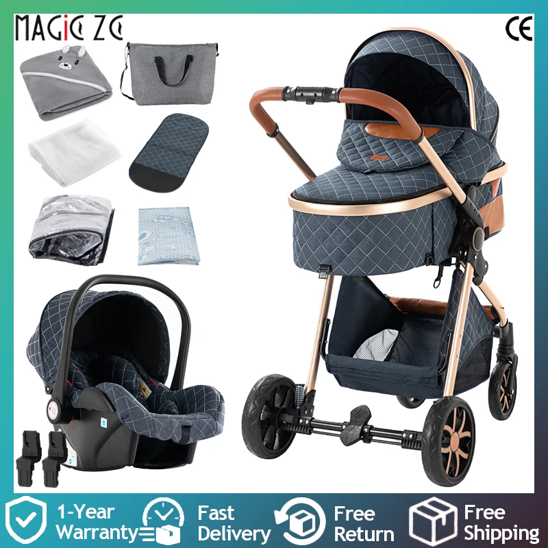 3-in-1-Kinderwagen, Kinderwagen und Baby-Reisesystem mit weichem Kissen für Neugeborene, faltbarem Design und glatten rollenden Rädern