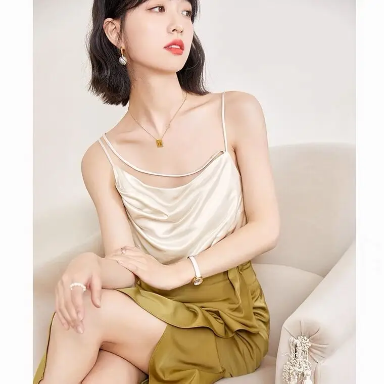 Spaghetti Strap Top Women sweet swing collor Basic White Cami Sleeveless Satin Silk Tank Tops Women'S Summer pink Camisole