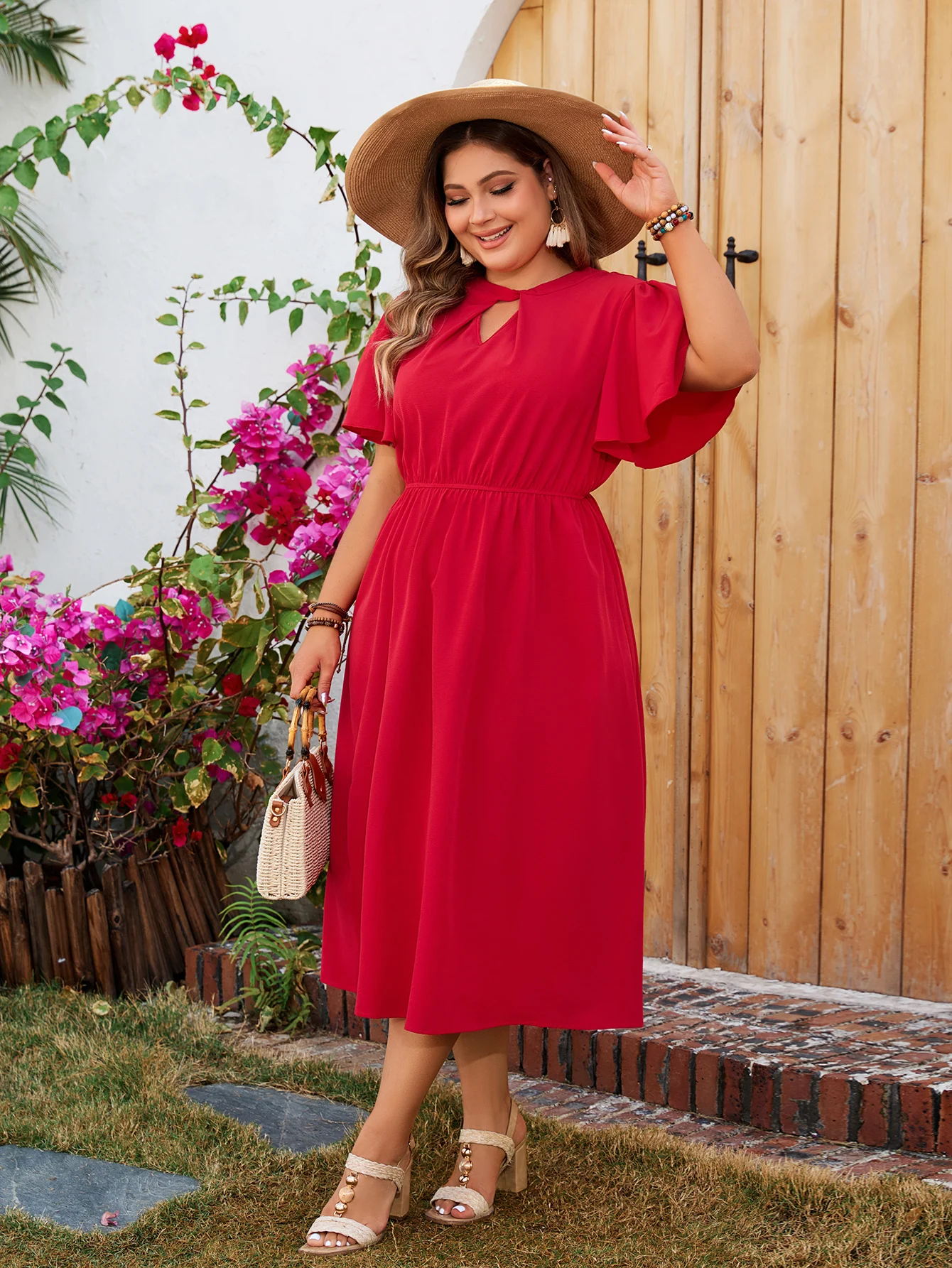 KEBY ZJ Plus Size Solid Cutout O-Neck Short Sleeve Dress 2024 New Women Elegant High Waist A-line Casual Summer Long Dresses