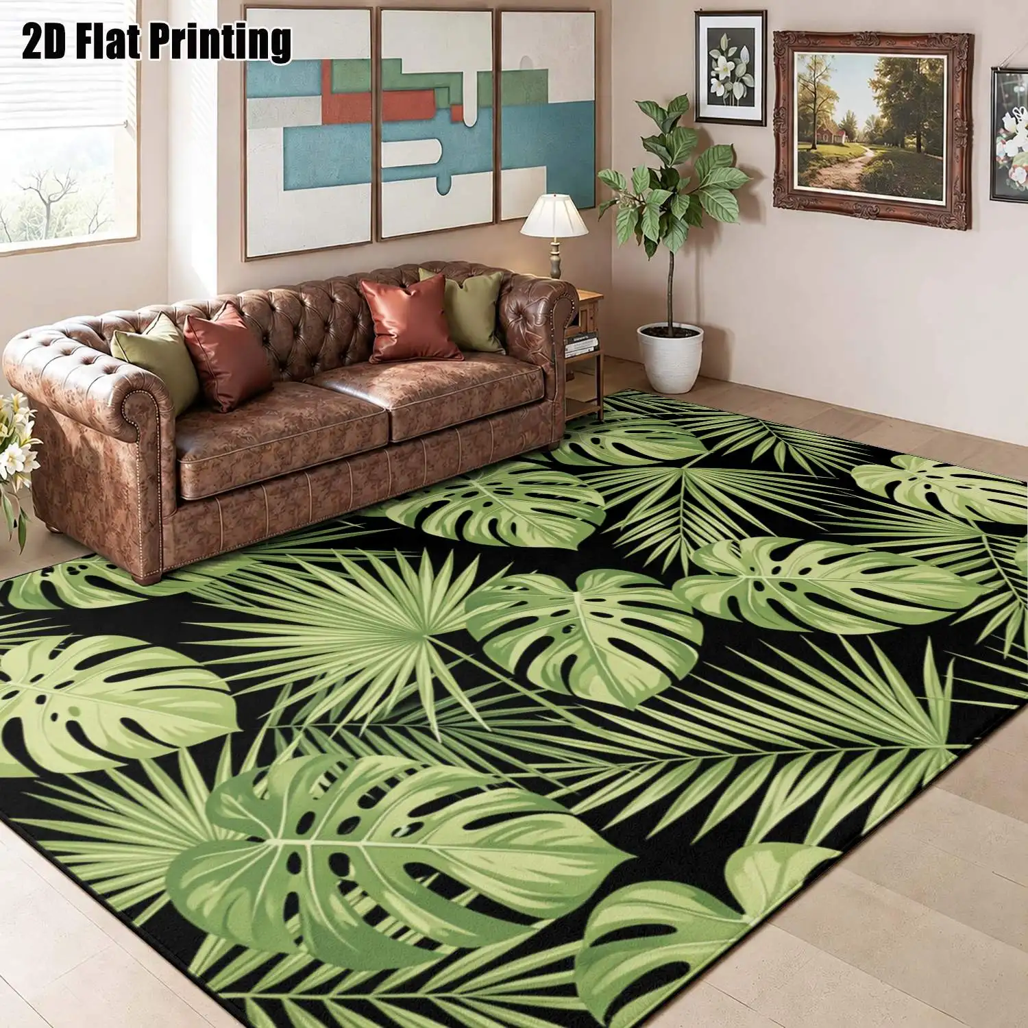 1Pc 2D Printed Light Green Tropical Palm Leaf Nordic/Instagram Style Minimalist Carpet, Machine Washable, Multi-Size, Suitable for Home Decor, Multi-Scene Floor Mat