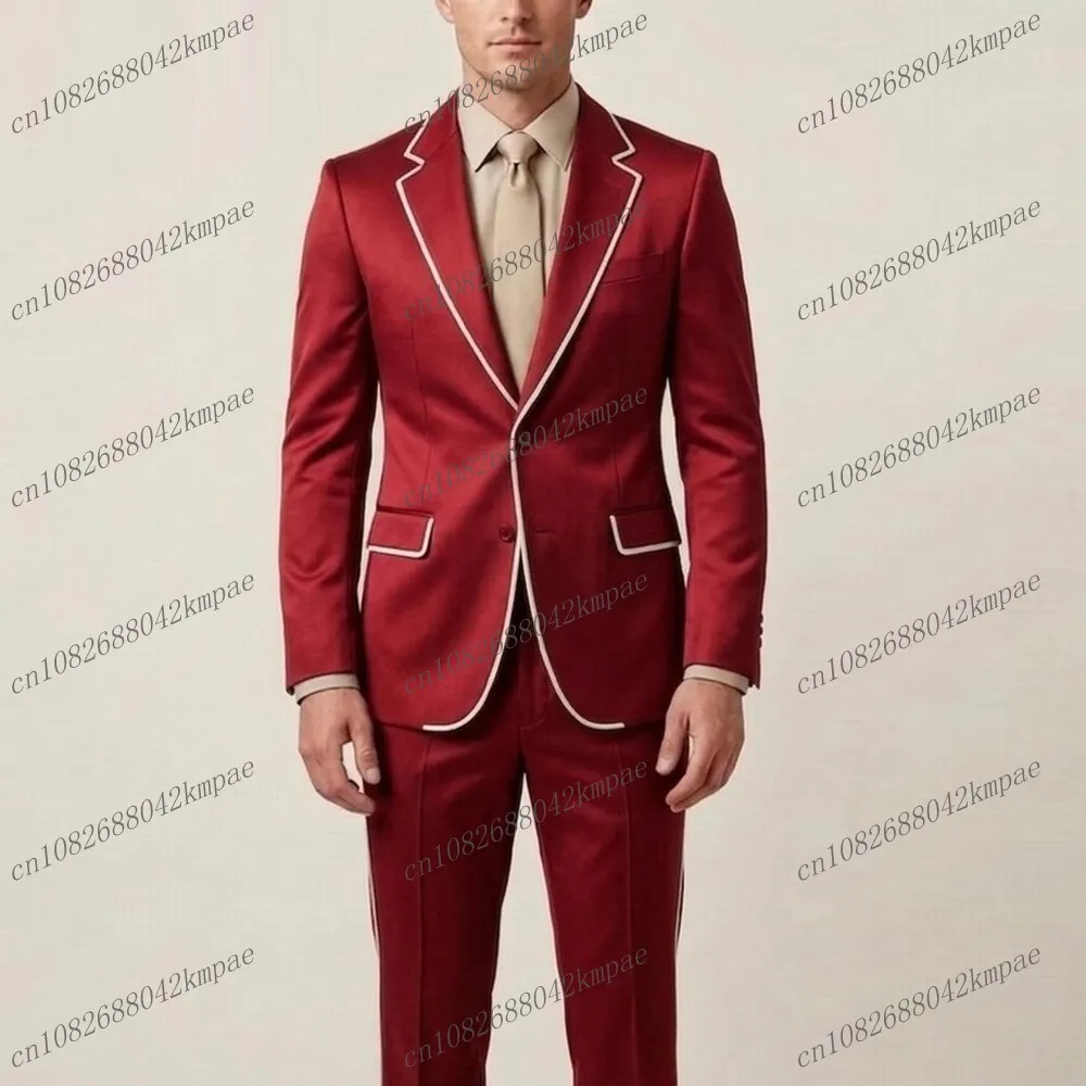 

Burgundy Acetate Satin Men Suit Formal Groom Groomsman Wedding Party Prom Male Business Tuxedos 2 Piece Set Blazer Pants