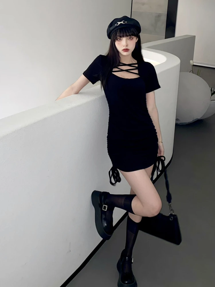 Streetwear Harajuku Diablo Stijl Zwart Mini Jurken Vintage Cross Hollow Out Vierkante Kraag Slim Korte Mouw Gesmokte Jurk