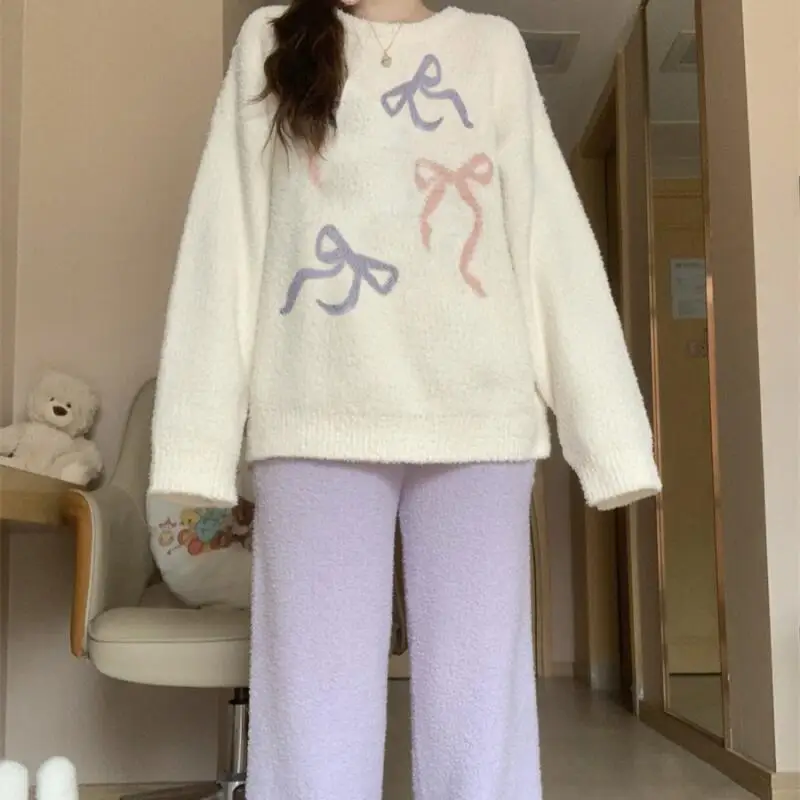 

Women's Half-Pile Pajamas Keep Warm Thickened Fleece-Lined New Model Homewear Set Female Autumn Winter Girl's Flannel Home Wear