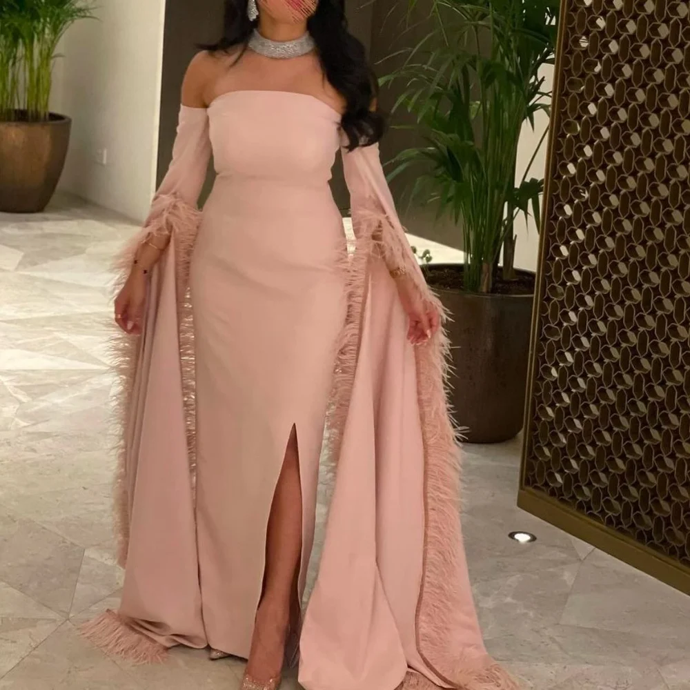 

Customized Formal Jersey Pleat Feather Straight Strapless Long Dresses Bespoke Occasion Dresses Elegant Saudi Arabia