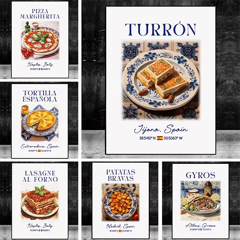 Modern Italian Cuisine Kitchen-Themed Poster: Pizza, Lasagna, and Potato Skewers Canvas Art for Home, Kitchen Dining Room Decor