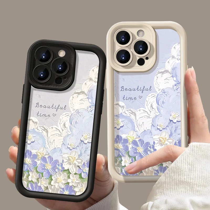 3D Oil Painting Flower Print Case For iPhone 14 15 Pro 13 12 11 Pro Max 7 8 XR X XS Shockproof Soft Silicone Phone Cover Fundas