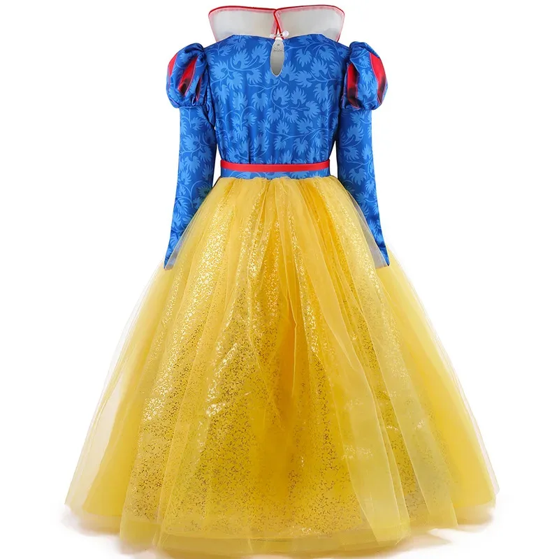 Deluxe Snow White Princess Gown Puff Sleeve Stand Collar Girl Fairy Kid Cosplay Costume Toddler Carnival Apparel Halloween Dress