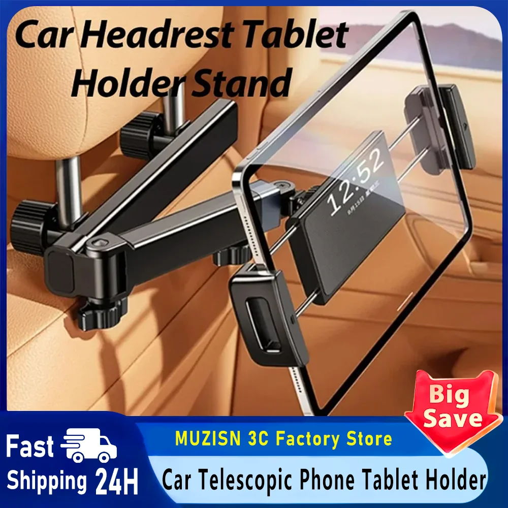 

360° Adjustable Car Headrest Tablet Holder Rotating Stand Foldable Backseat Phone Stand Knob Lock Extension Arm