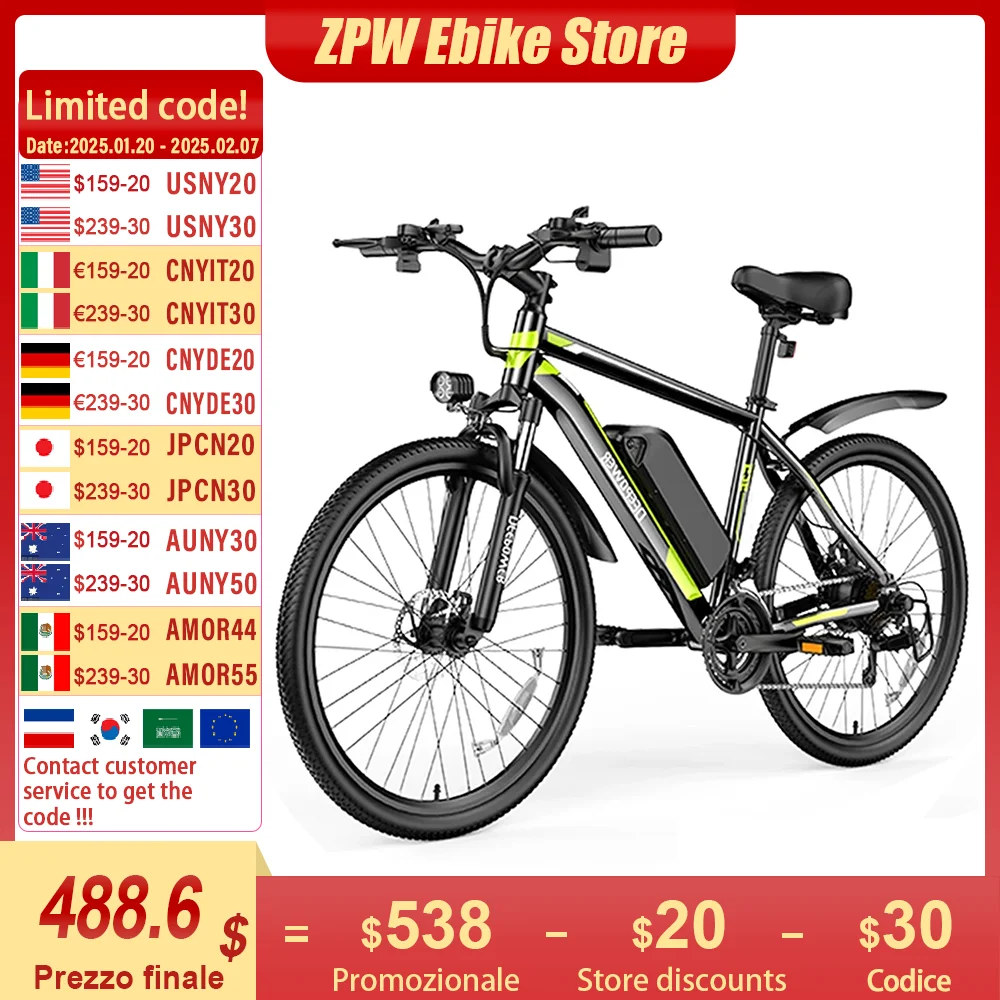 ZPW S26 500W EBike 48V 12.8AH 26 Inch Off-road Tires Electric Bicycle Adult Snow Mountai Electric Bike