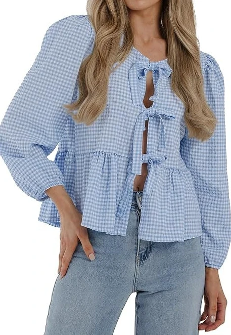 Women's Style Blouses 2024 Summer Autumn Latest Fashion Casual Front Strap Top Round Neck Long Sleeves Strap Detail Shirt