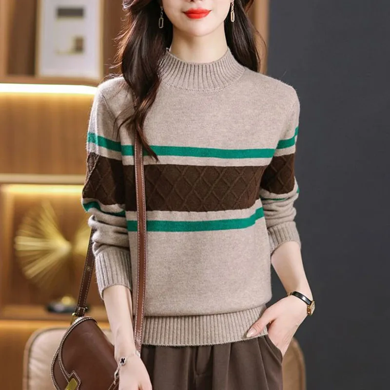 New Autumn and Winter Fashion Colorblock Stripes Half High Neck Loose Versatile Slim and Simple Commuter Knitted Women\'s Sweater