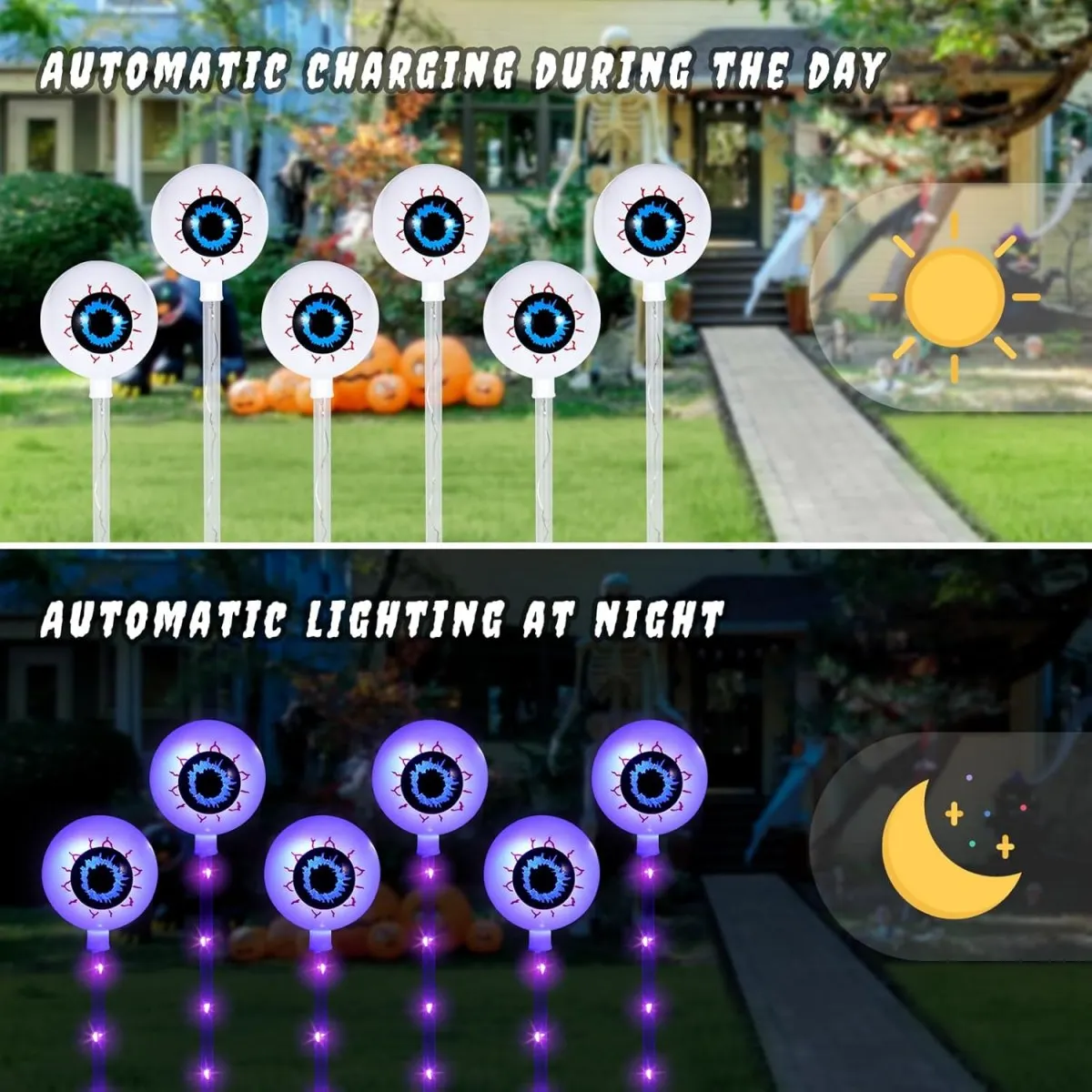 Solar Powered Big Eyeball Stake Lights, Horror Atmosfera, 8 Modos de Iluminação, Waterproof Pathway Lights, Garden Decor, 6 Pcs