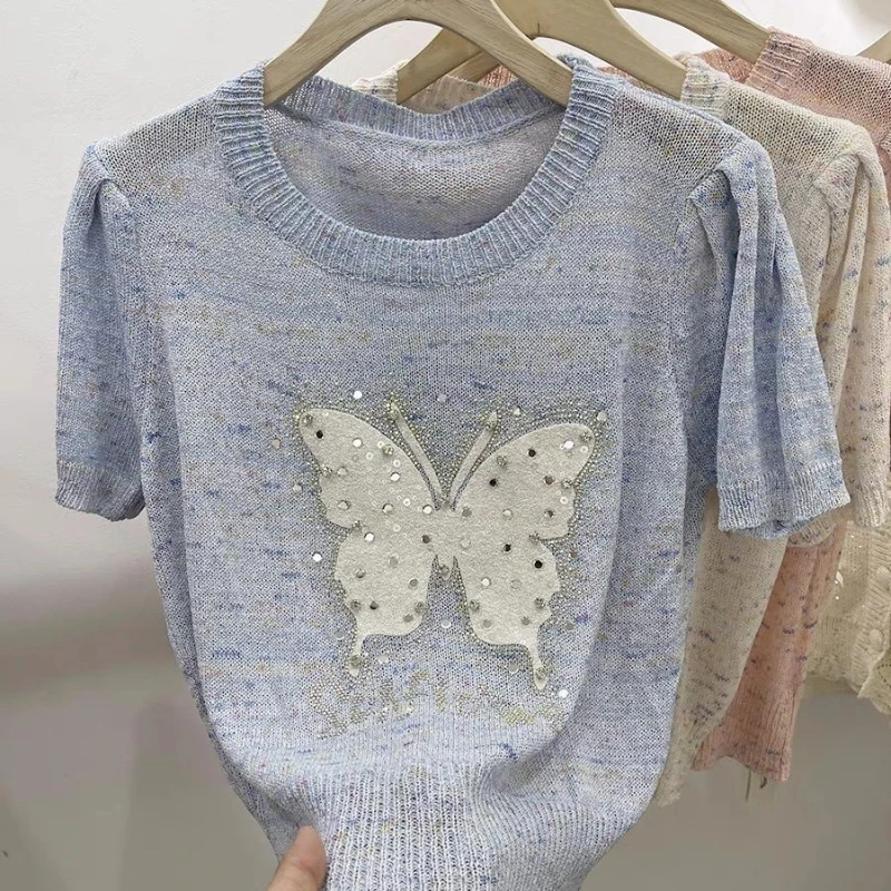 New Summer 2024 Sequined Heavy-duty Butterfly Design Fashionable Short-sleeved Knitted Top Stylish Temperament Versatile