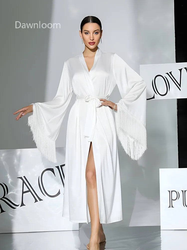 

Dawnloom White Satin Fringed Flared-Sleeve Tie-Waist Long Robe for Women Luxury Elegant Wedding Morning Gown Home Loungewear