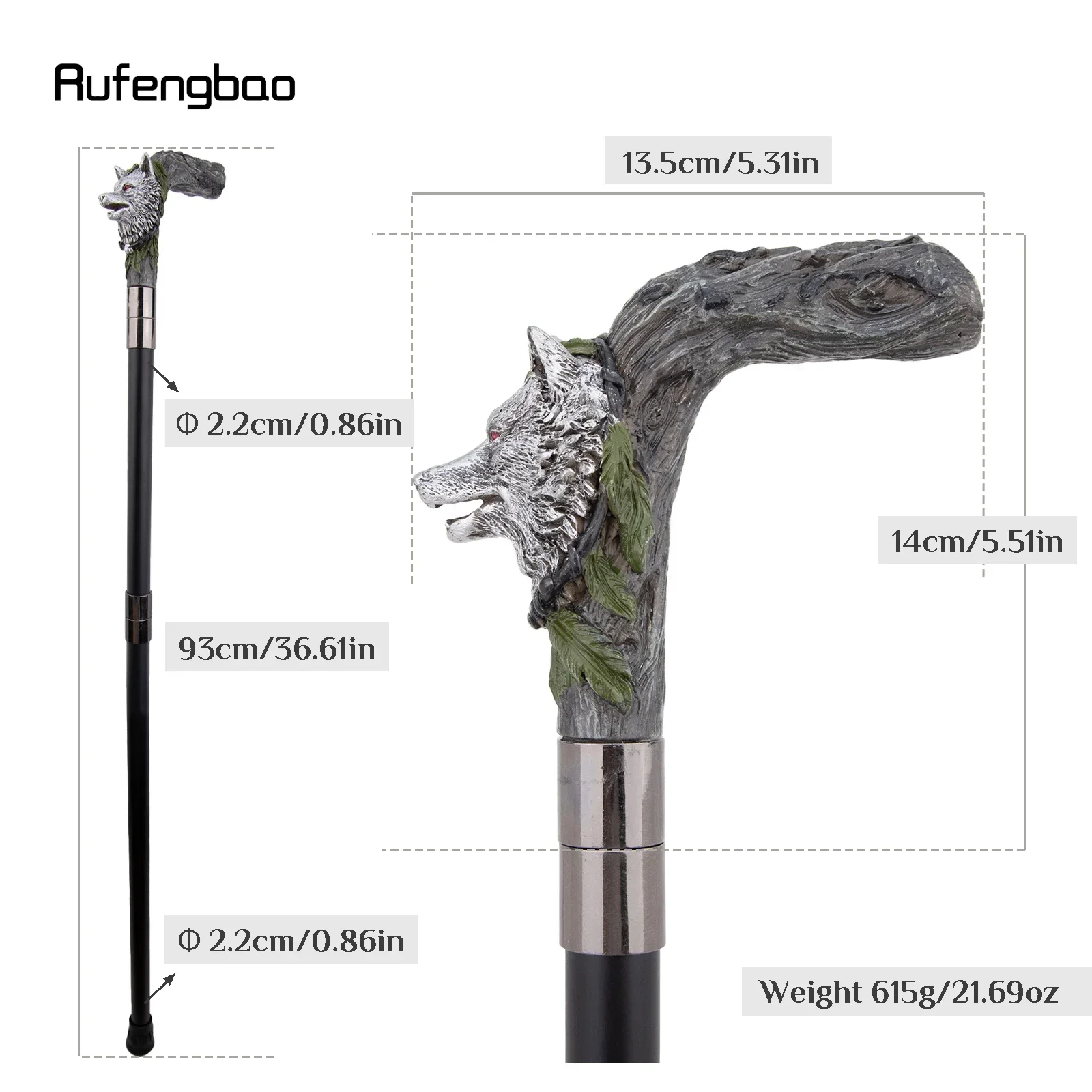 Silver Resin Wolf Head Tree Root Walking Cane Stick for Cosplay, Steampunk & Everyday Use with Deluxe Box 93cm