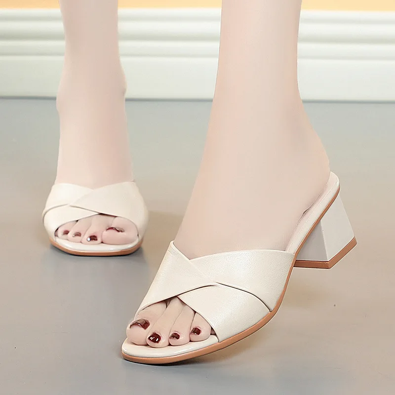 2024 New Summer Versatile Slippers Women High Heels Square Head Fashion Female Sandals Soft Leather Summer Shoes Simple