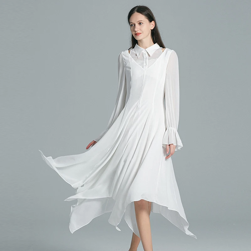 Gardenia White Double Layer Silk Horn Long Sleeve Dresses Women Polo Collar Asymmetrical Swing Original Art Dress New AE1728