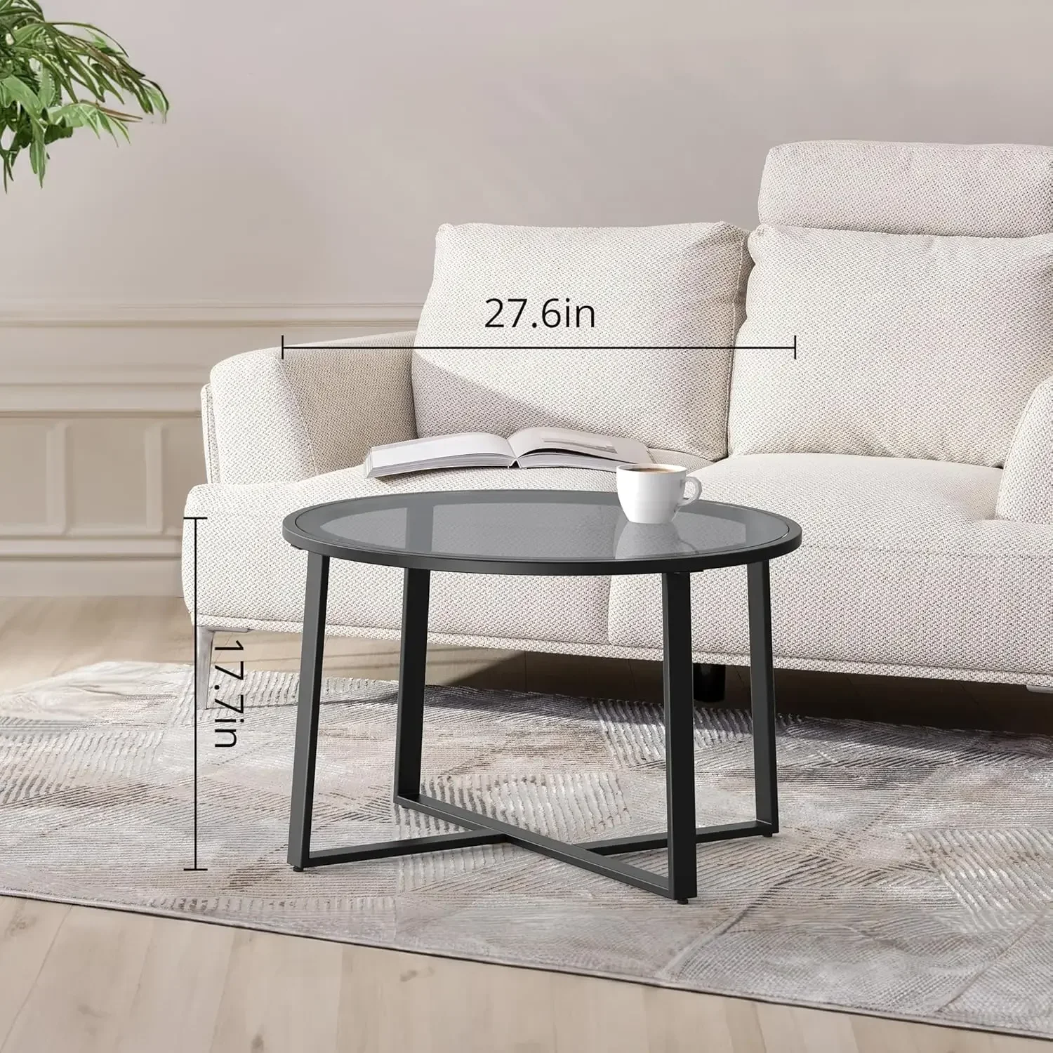 Coffee Table, 27.6" Round Coffee Table with Tempered Glass Surface, Center Table for Living Room, Dining Room, Tea,