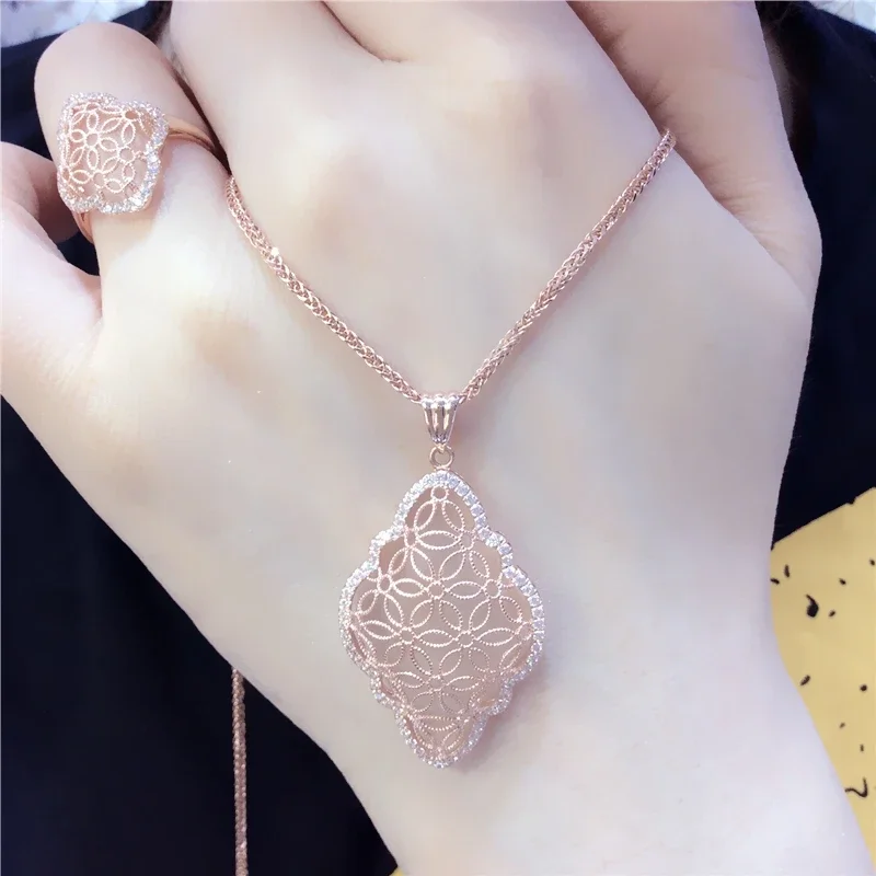 585 lila gold raute kristall blume halskette für frauen modische hohl anhänger vergoldet 14K rose gold hochzeit schmuck geschenk