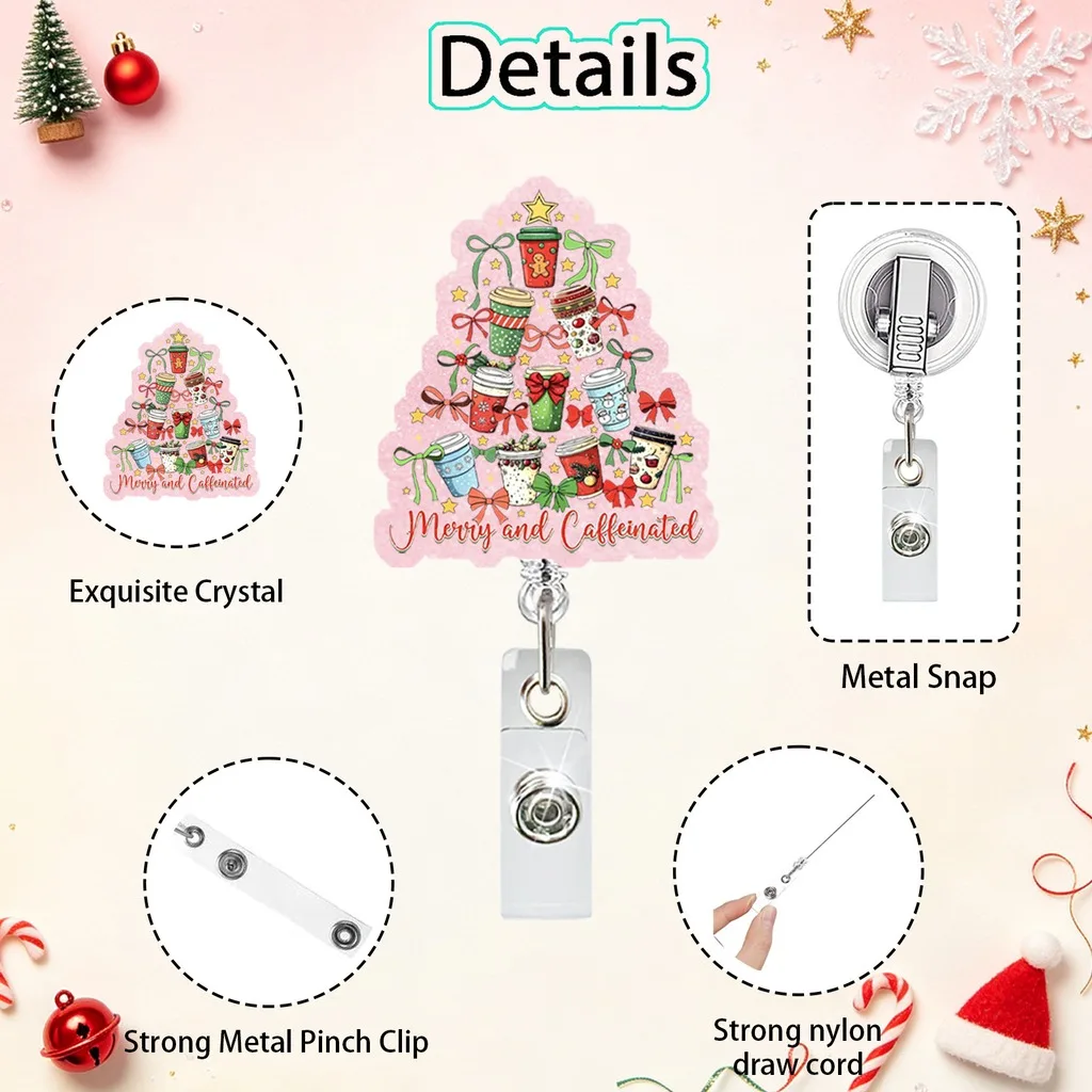 Coffee Christmas Badge Reel Cute Glitter Retractable Id Holders With Christmas Tree Badge Reels Alligator Clip For Nurses Doctor