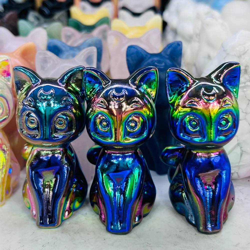 Natural Aurora Cat Carving Crystal Reiki Healing Figurine Trinket Craft Gift Home Decoration 1pcs