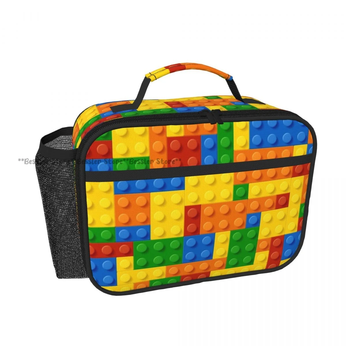 Plastic Construction Blocks Pattern Tote Lunch Bag Insulated Cooler Bag Easy Clean Food Handbag for Daily Travel Picnic