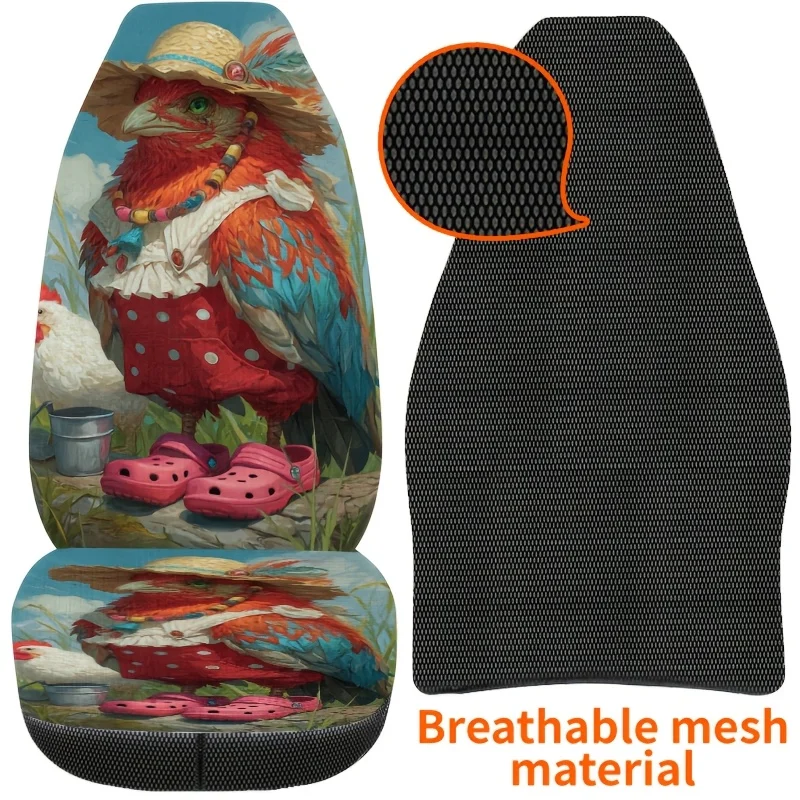 2pcs Colorful Feather Chicken Print Car Seat Covers, Easy To Clean, Stylish And Fun Pattern, Universal For All Seasons, Front Se