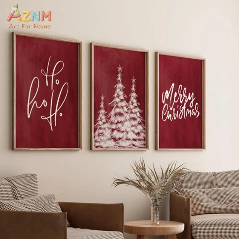 AZNM Burgundy Red Christmas Canvas Wall Art Ho Ho Ho Snow Pine Tree Merry Christmas Script Farmhouse Winter Xmas Living Room Wal