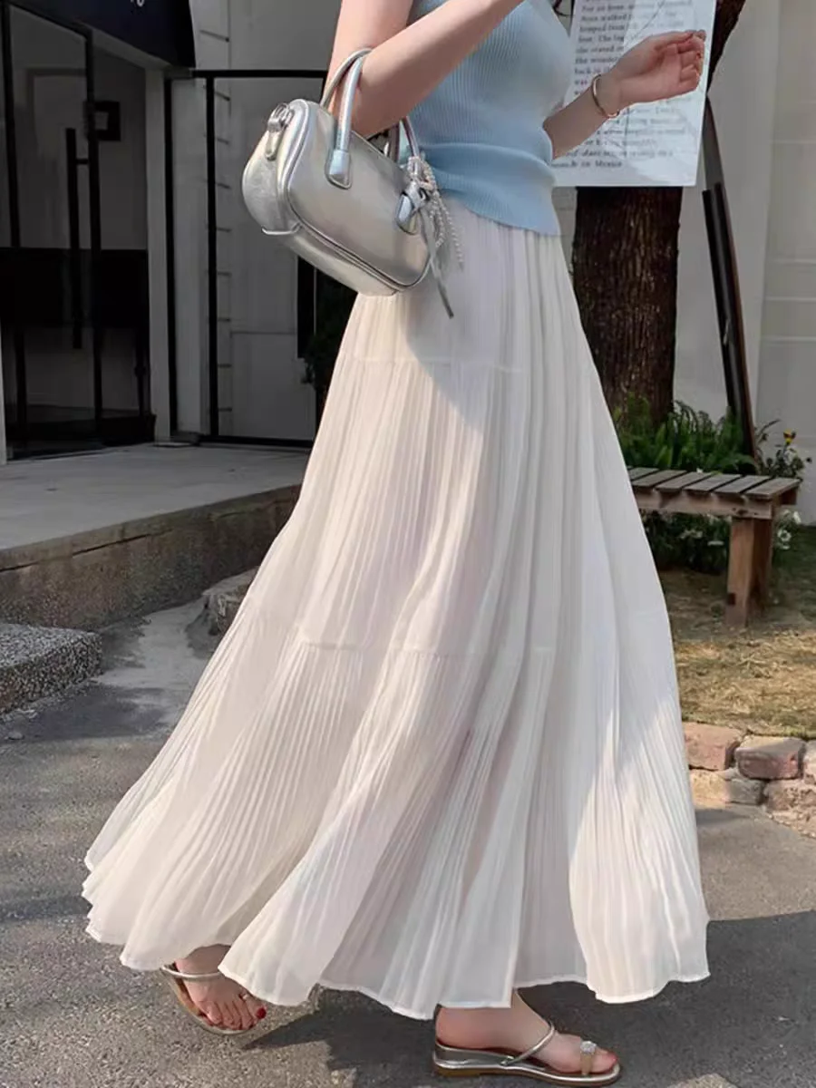 

Summer 2025 Pleated Tiered Chiffon Maxi Skirt Girl Flowy A-Line High Waist Elegant Layered Skirt