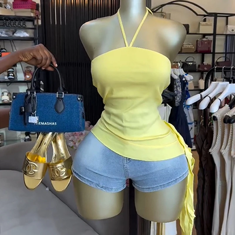 

Женский летний модный повседневный топ-халтер OMSJ с завязками, без рукавов, с открытой спиной, драпировкой и декоративной лентой, в стиле стритвир