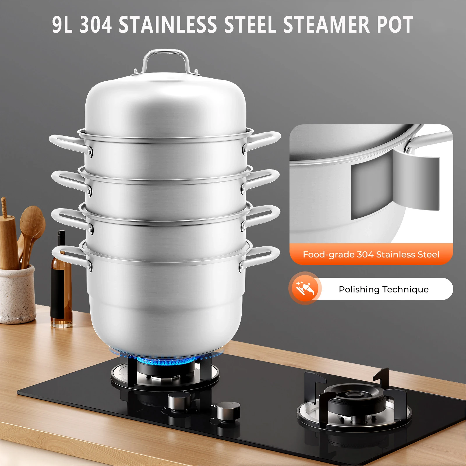 

9L 304 Stainless Steel Steamer Pot 3-Layer Stackable Food Steamer for Cooking Soup Bun Vegetable Gas Induction Cooktop