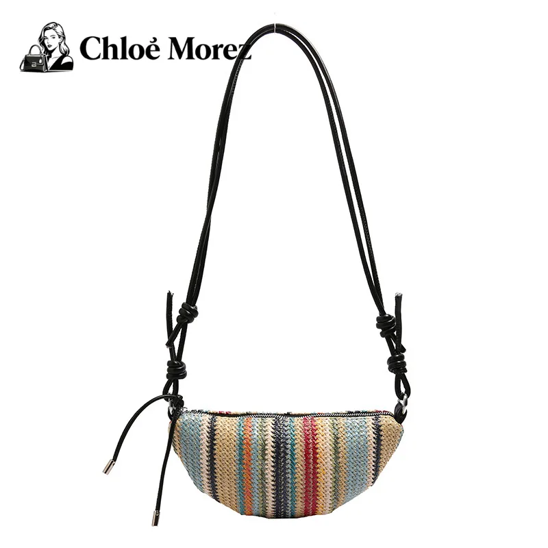 

Сумка через плечо из радужной соломенной ткани, богемная сумка через плечо ручной работы в форме полумесяца для женщин