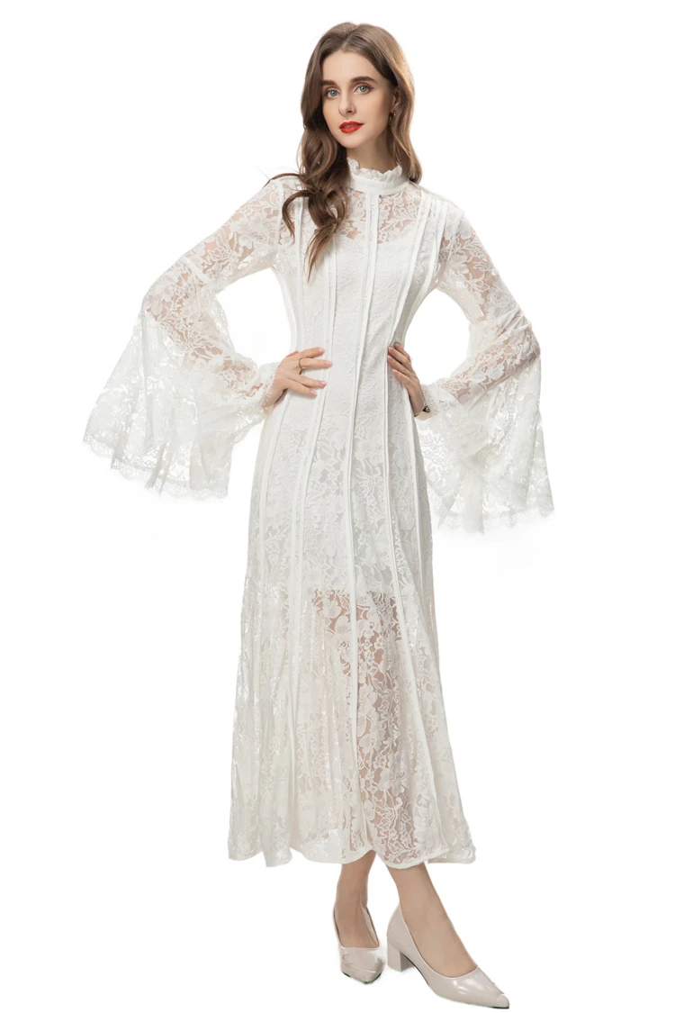Women\'s Runway Dresses Stand Collar Flare Long Sleeves Embroidery Elegant Fashion Party Prom Gown
