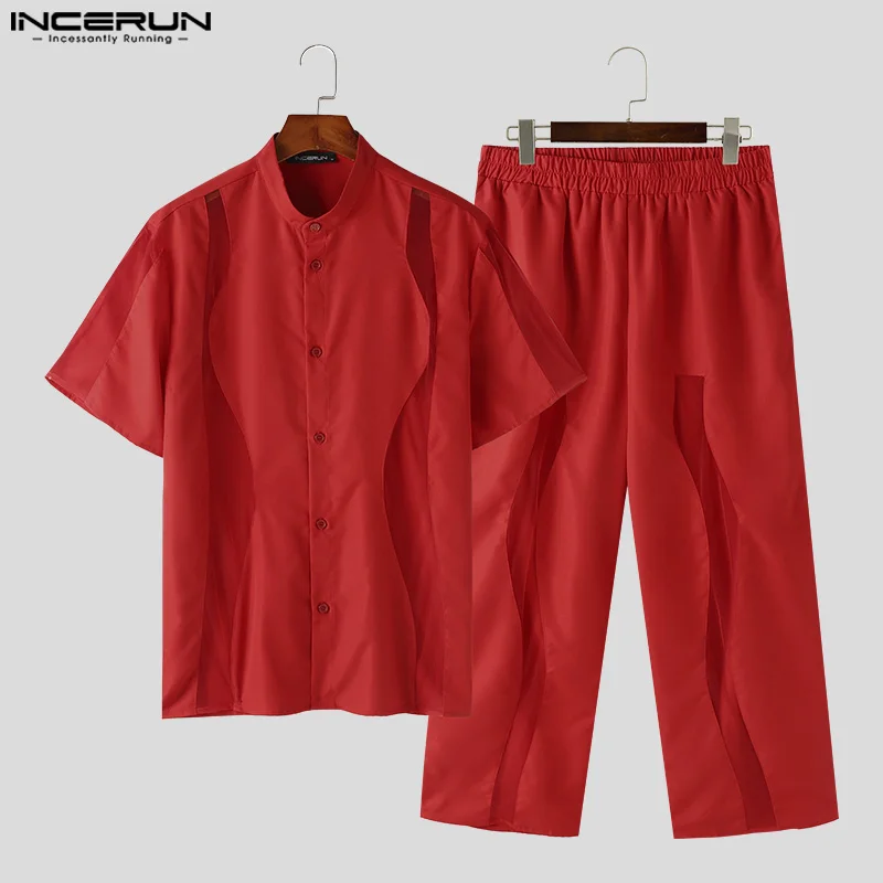 INCERUN 2024 American Style Casual Sets Men Short Sleeved Shirts Pants Fashion Male Irregular Splicing Mesh Two-piece Sets S-5XL