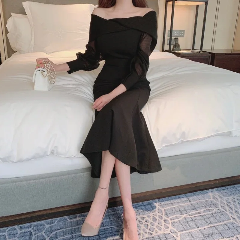 Korean Chic Spring Elegant Temperament Fishtail Dress Off-shoulder Slash Neck Long Sleeve Mesh Robes Slim Mermaid Midi Vestidos