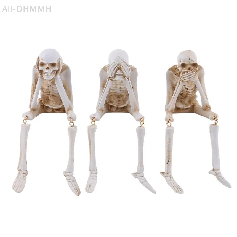 ZLinKJ 3 Pcs Resin See Hear Speak No Skeleton Figurines With Dangling Legs For Halloween Decor