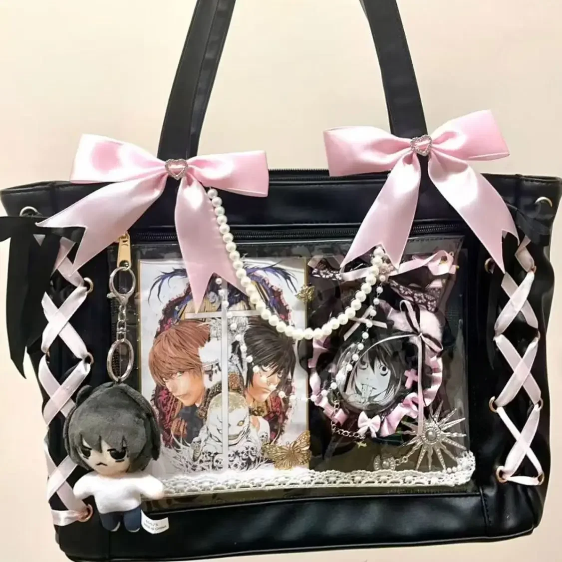

New Ribbon Cute Handbag for Women Large Capacity Transparent DIY Badge One-shoulder Tote Bag Japanese Sweet Girl Ulzzang Ita Bag