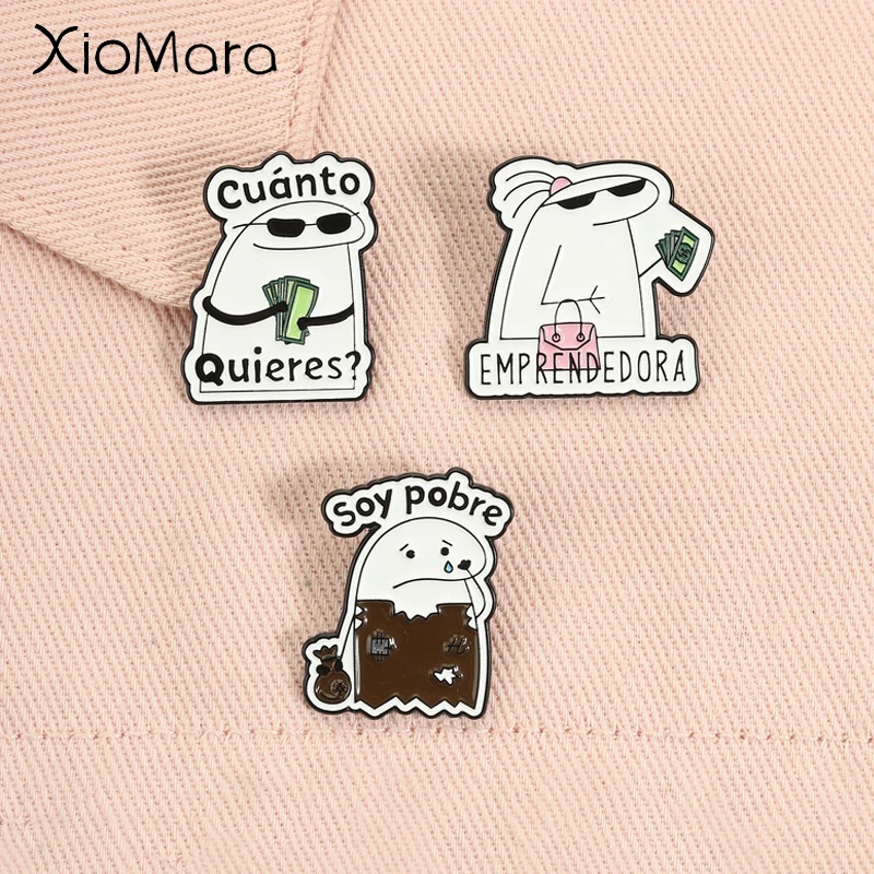 Divertidos broches de esmalte con memes de Flork y citas en español, como 'Cuánto Quieres Emprendedora Soy Pobre', insignias de solapa, regalos de joyería para amigos.