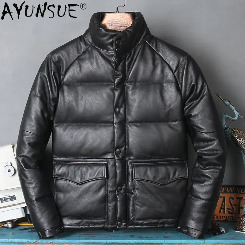 

AYUNSUE Genuine Cow Leather Jacket Warm Mens Down Jacket Winter Thick Leather Coat Black Down Coats Manteau Homme Hiver SGG1021