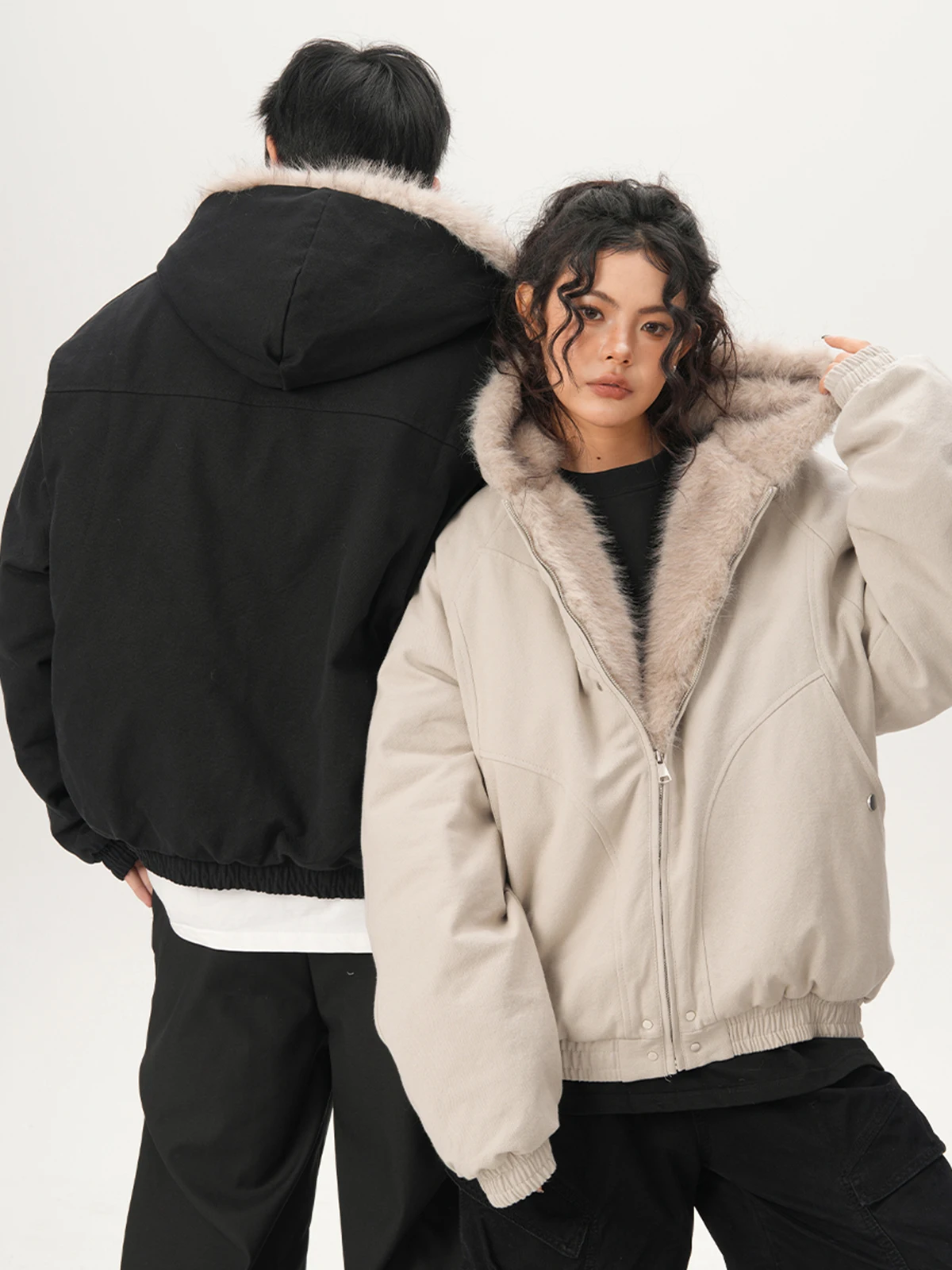 Winter American High Street Men's Fur Collar Black Hooded Cotton Jacket Couple Loose Fleece Thickened White Gray Short Parka
