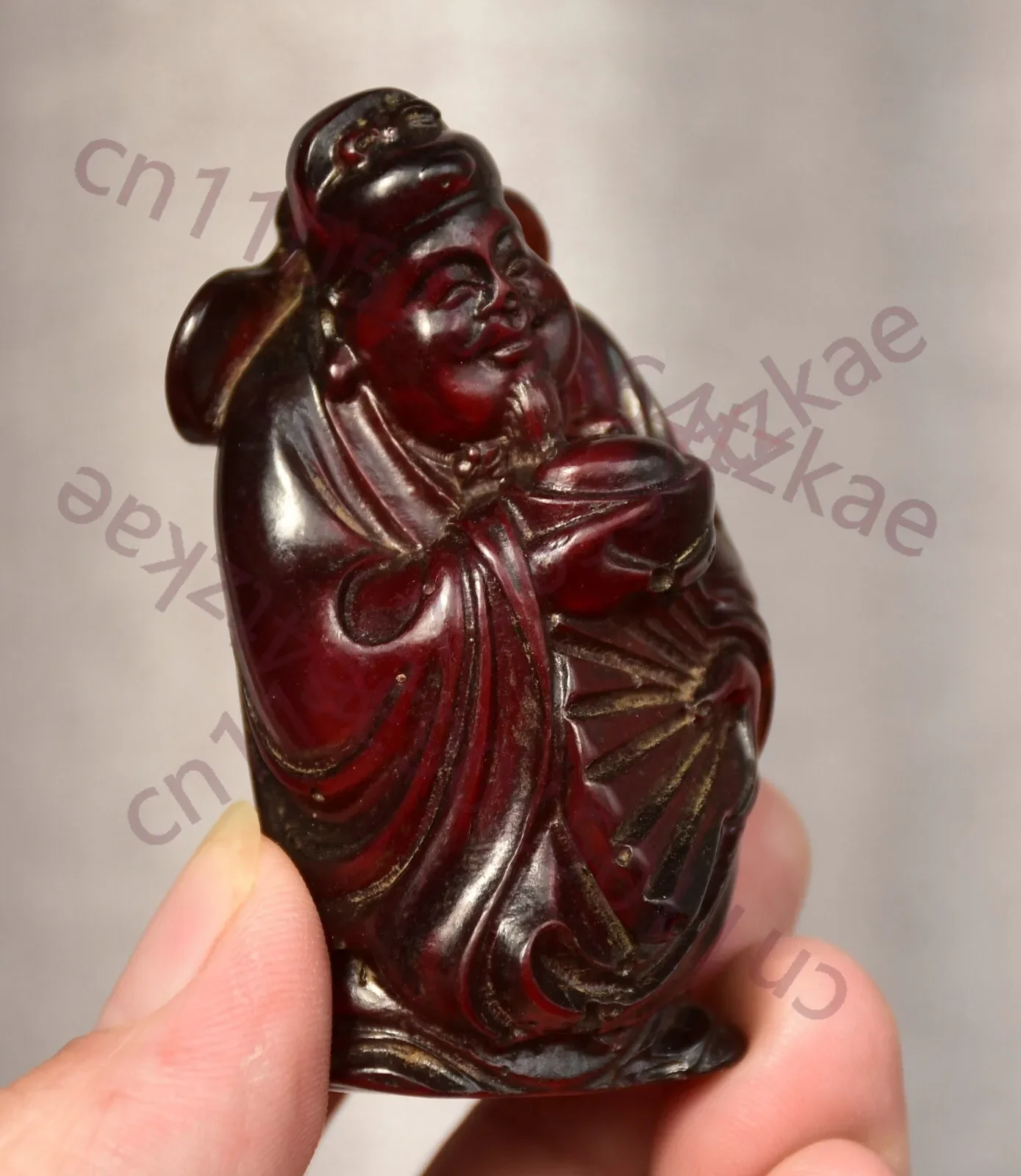 7CM Rare Chinese Red Amber Carving Feng Shui Mammon Money Wealth Luck Sculpture