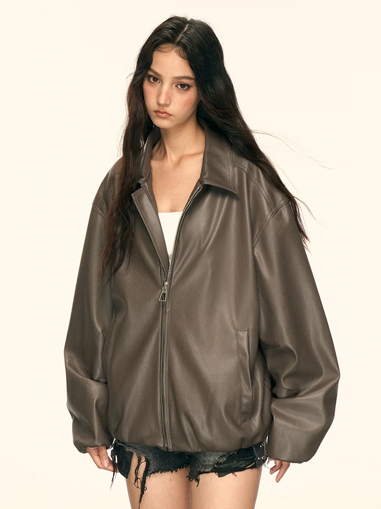 Aaisup Women's Brown Leather Jaet Street Sle Spring Autumn New Faion Workwear Versatile Long Sve Zipper ket Coat